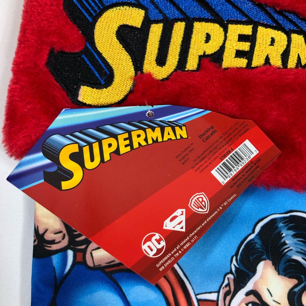 DC Comics Fur Cuff Printed Fabric Superman Ref Blue Christmas Stocking 18” - Picture 6 of 10